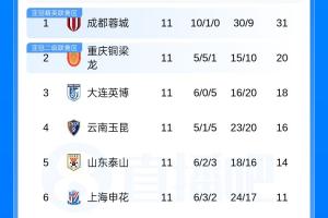中超積分榜：蓉城11分領跑 海牛4連勝升至第7 海港距降級區3分