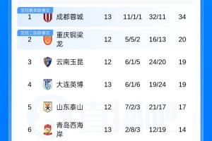 中超積分榜：蓉城賽季首敗仍先賽14分領跑 海港勝蓉城升至第10